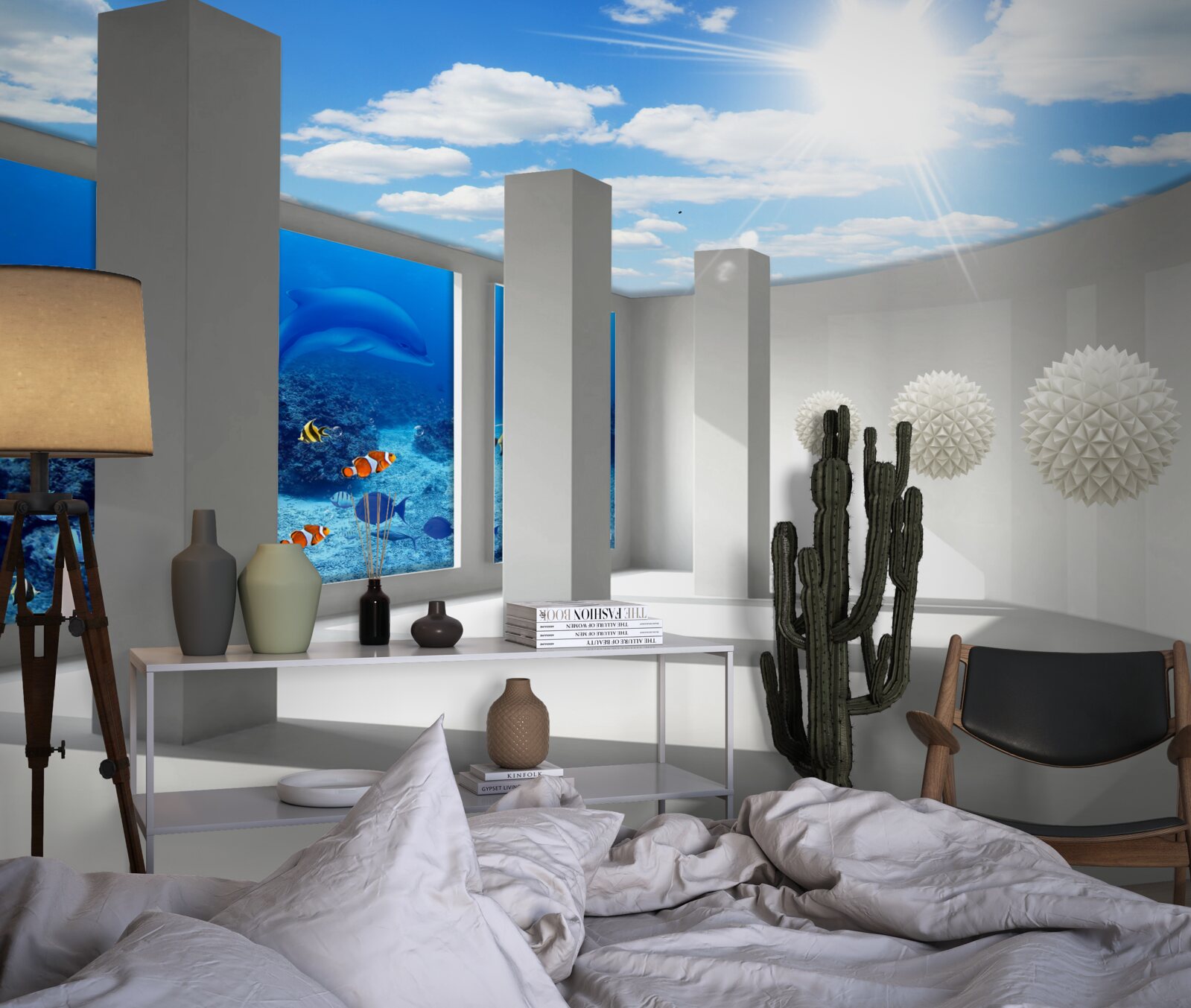 Fototapet Sfere albe ca zăpada înconjoară acvariul sub cerul boltit