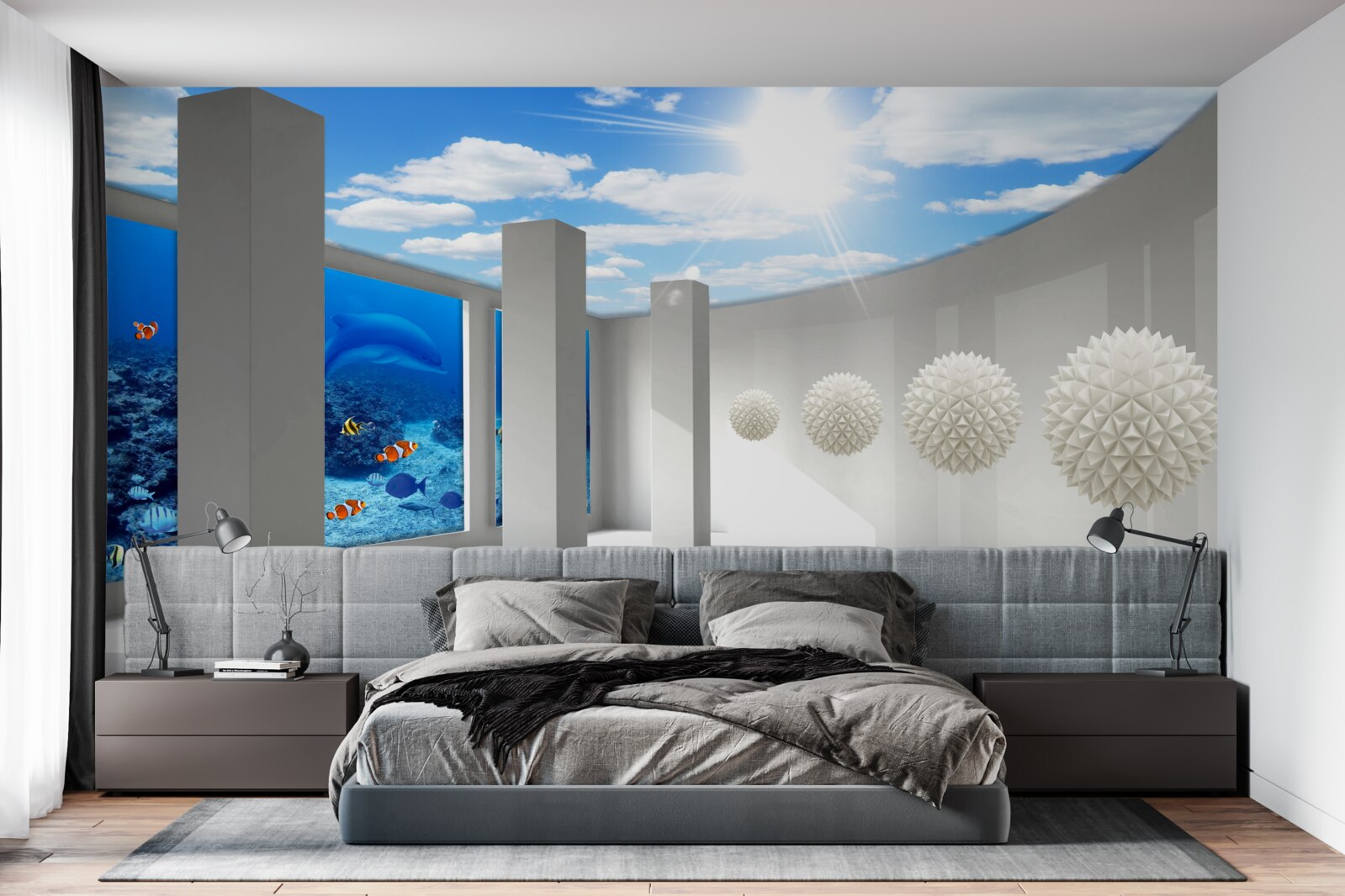 Fototapet Sfere albe ca zăpada înconjoară acvariul sub cerul boltit