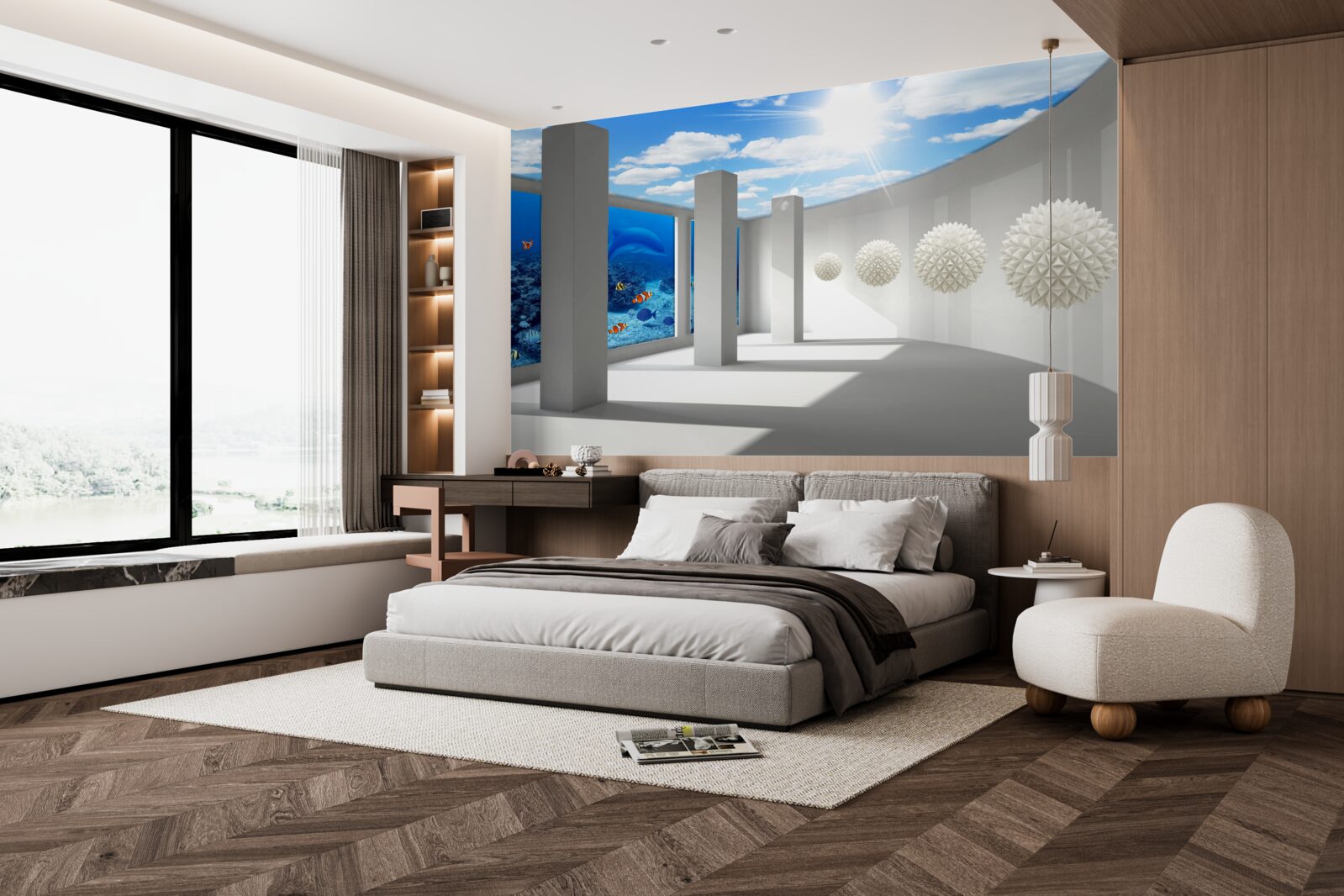 Fototapet Sfere albe ca zăpada înconjoară acvariul sub cerul boltit