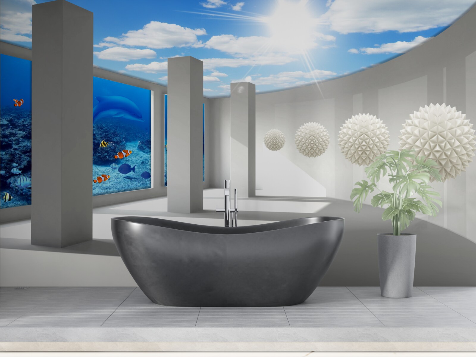 Fototapet Sfere albe ca zăpada înconjoară acvariul sub cerul boltit