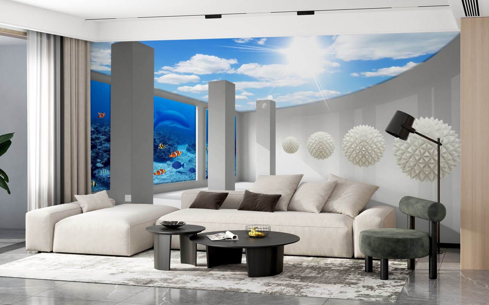 Fototapet Sfere albe ca zăpada înconjoară acvariul sub cerul boltit