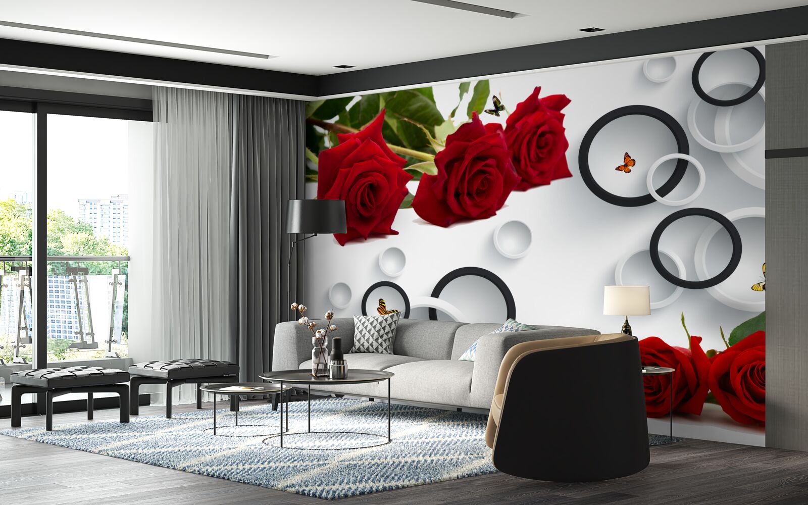 Fototapet cercuri și trandafiri în roșu