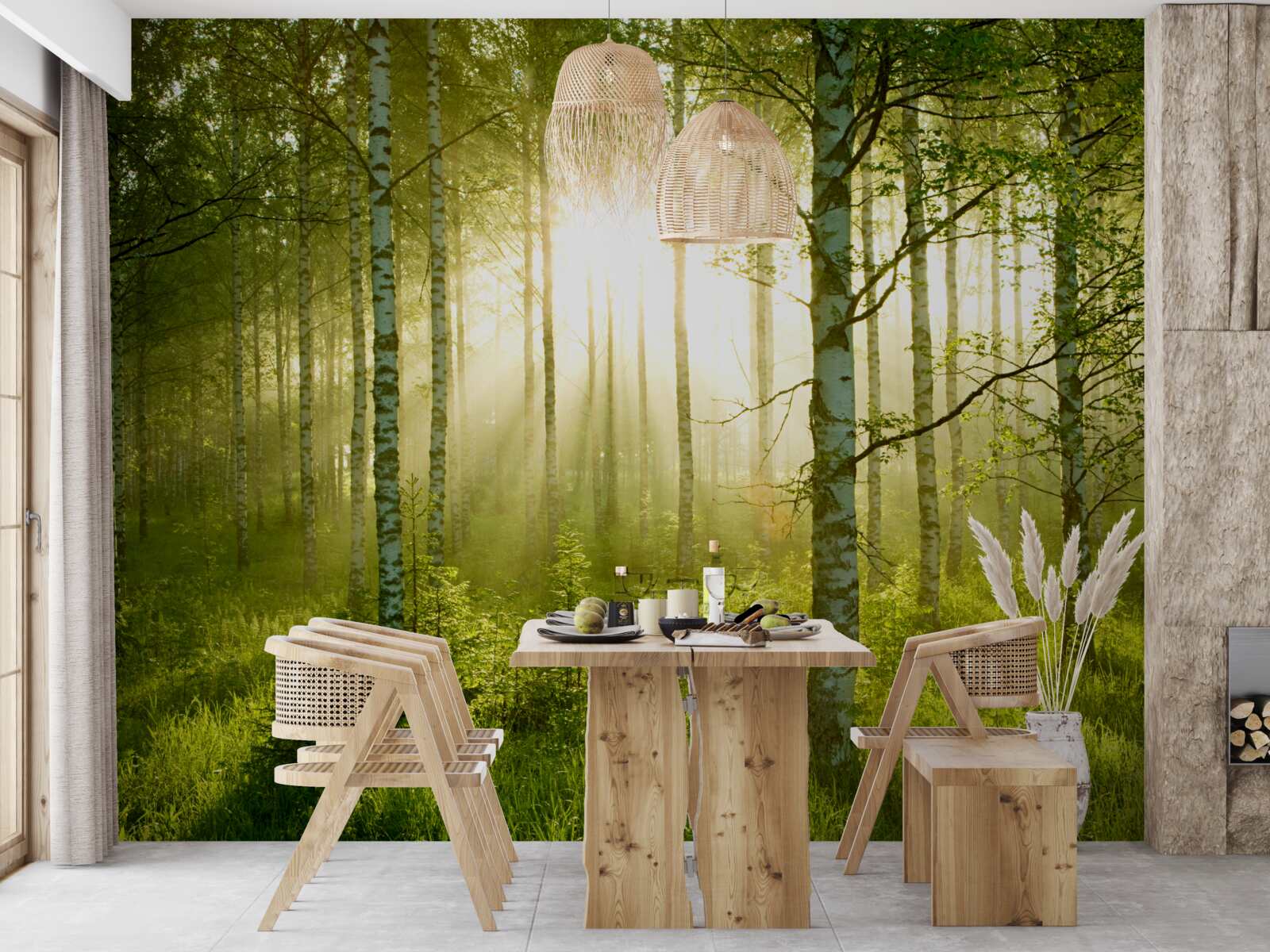 Fototapet Zori în pădurea de mesteceni