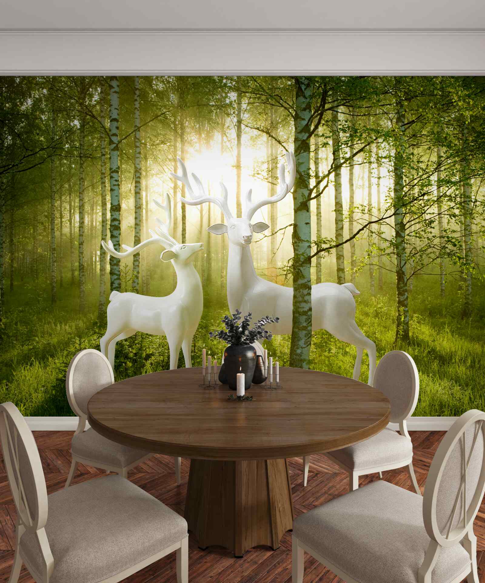 Fototapet căprioară albă într-o pădure verzuie