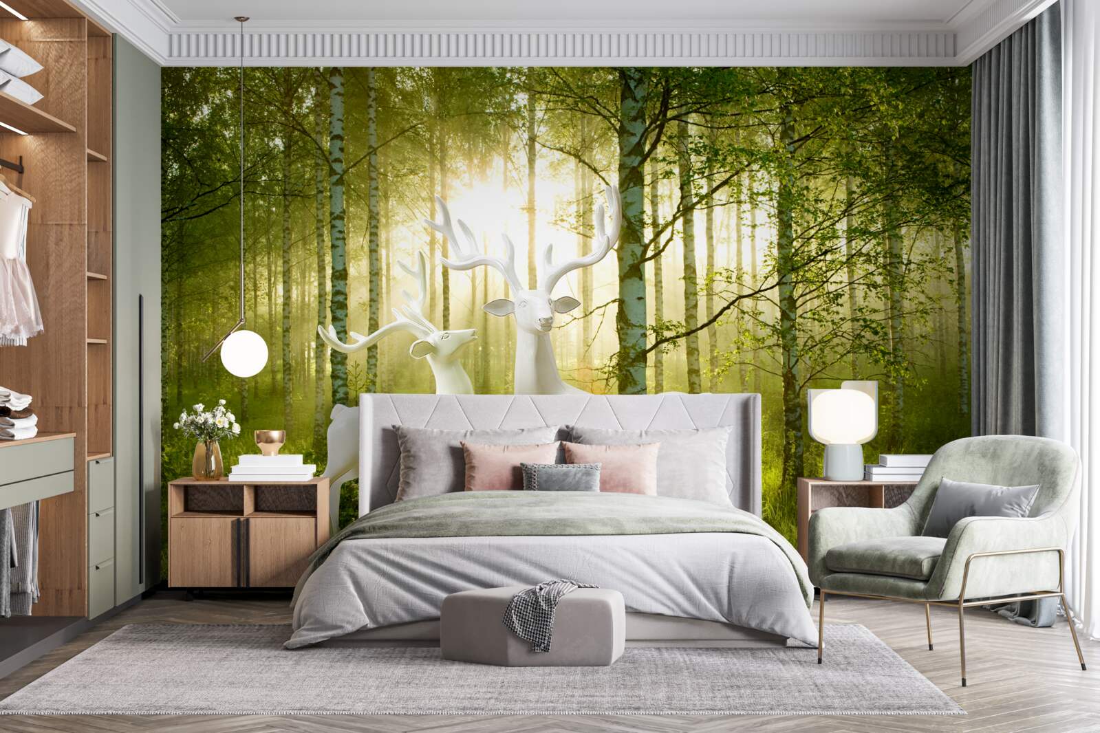 Fototapet căprioară albă într-o pădure verzuie