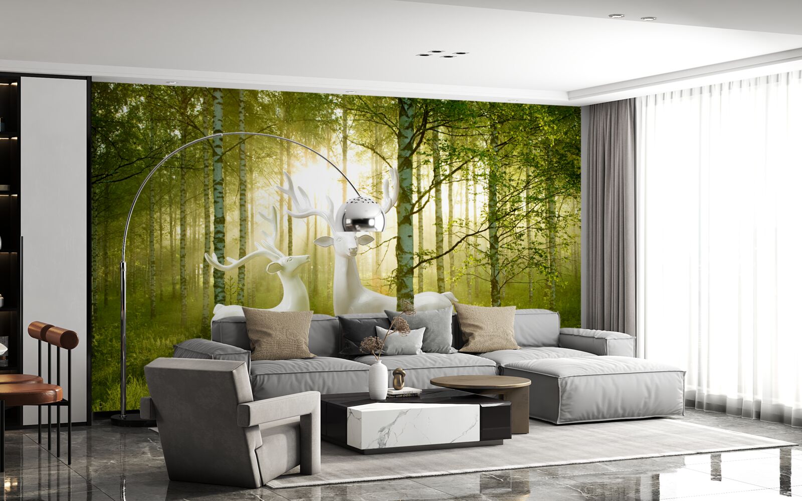 Fototapet căprioară albă într-o pădure verzuie