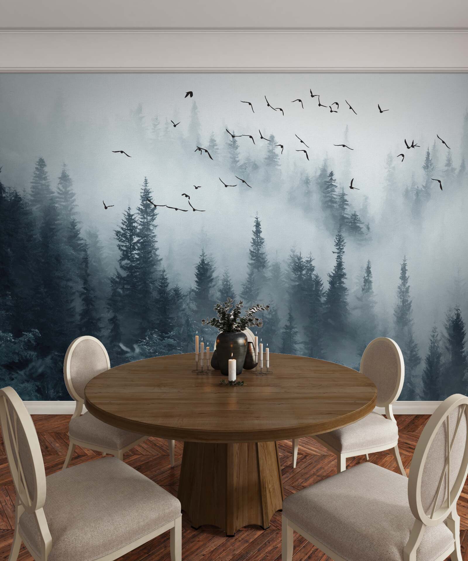 Fototapet pădure înconjurată de ceață rămâne sub păsări zburătoare