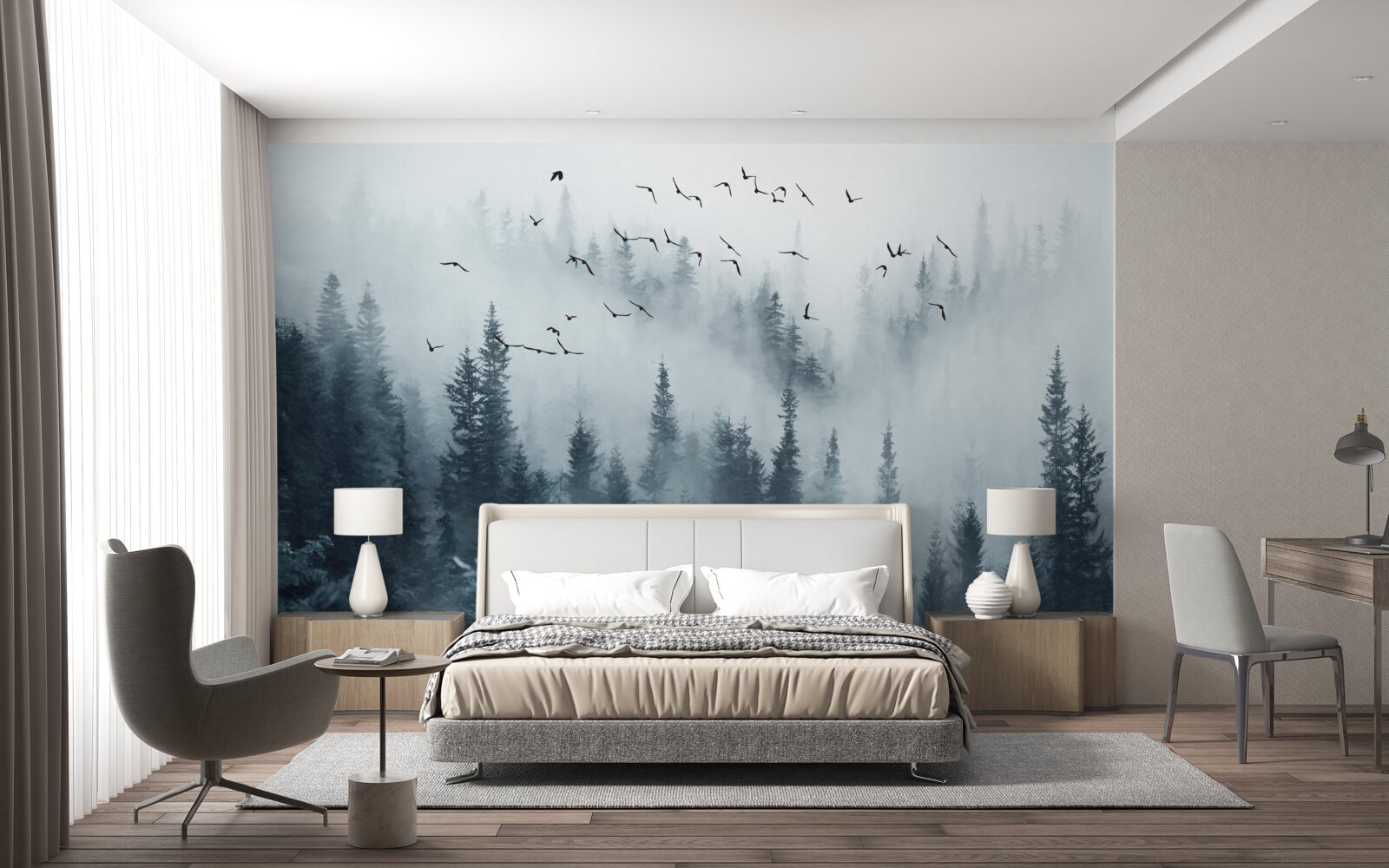 Fototapet pădure înconjurată de ceață rămâne sub păsări zburătoare