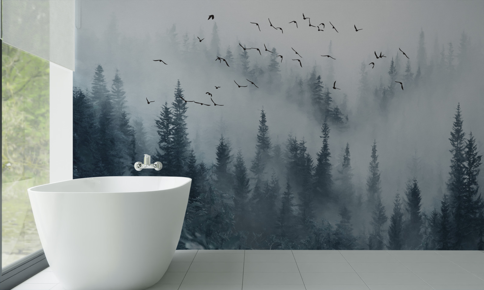 Fototapet pădure înconjurată de ceață rămâne sub păsări zburătoare