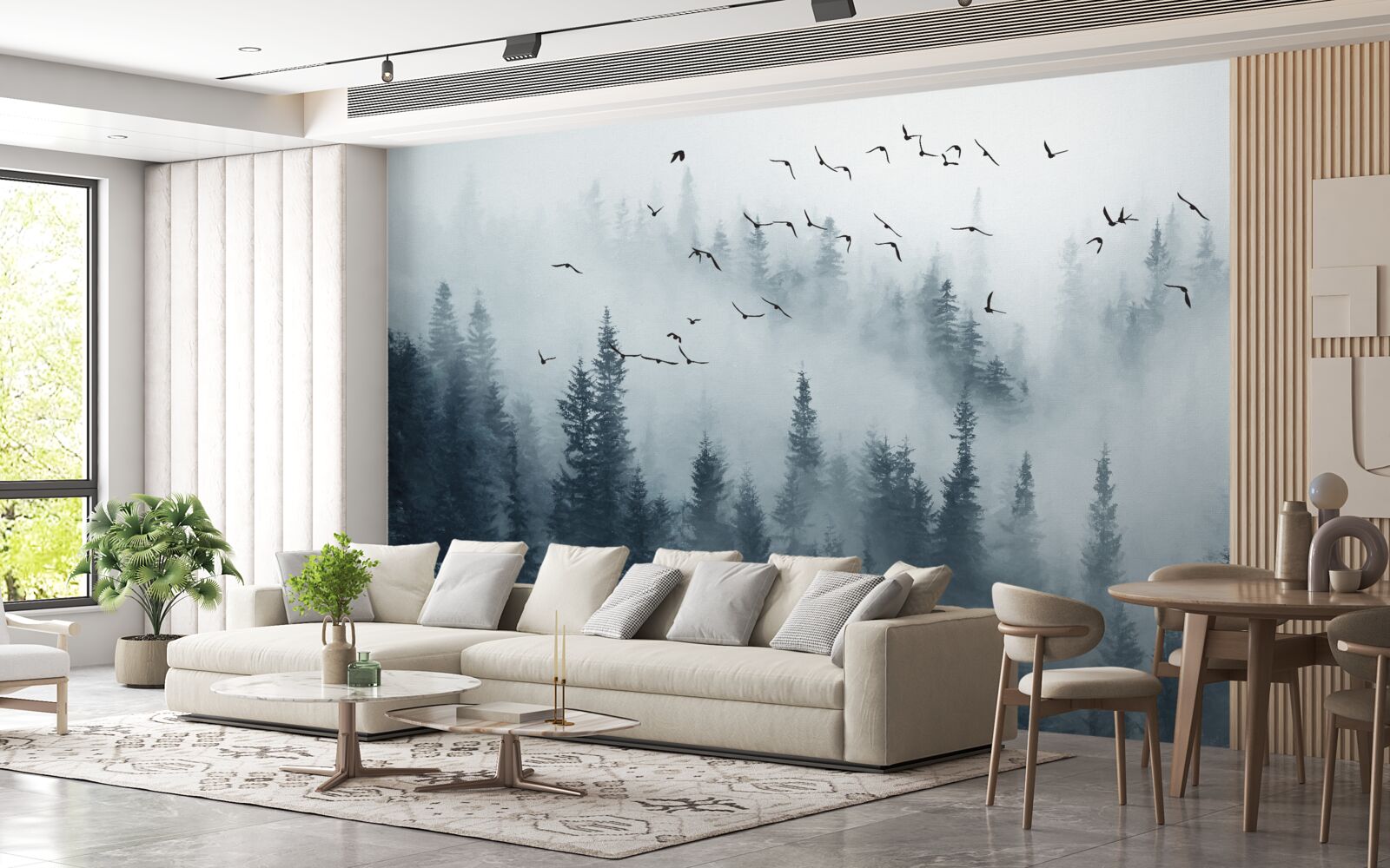 Fototapet pădure înconjurată de ceață rămâne sub păsări zburătoare
