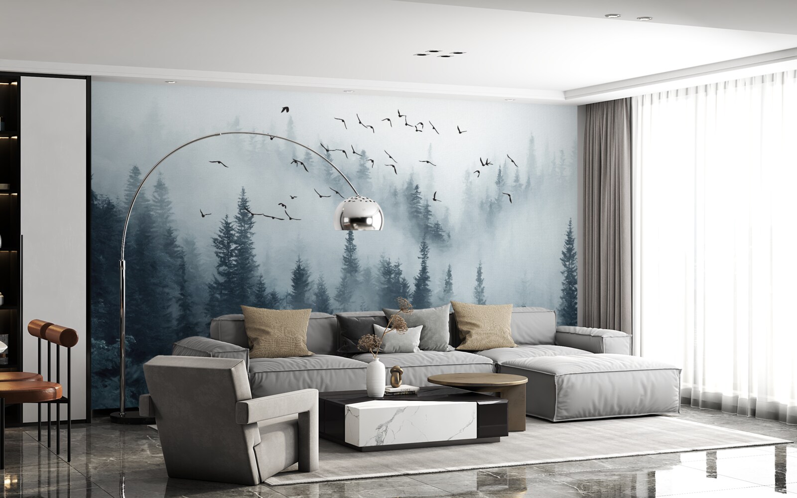 Fototapet pădure înconjurată de ceață rămâne sub păsări zburătoare