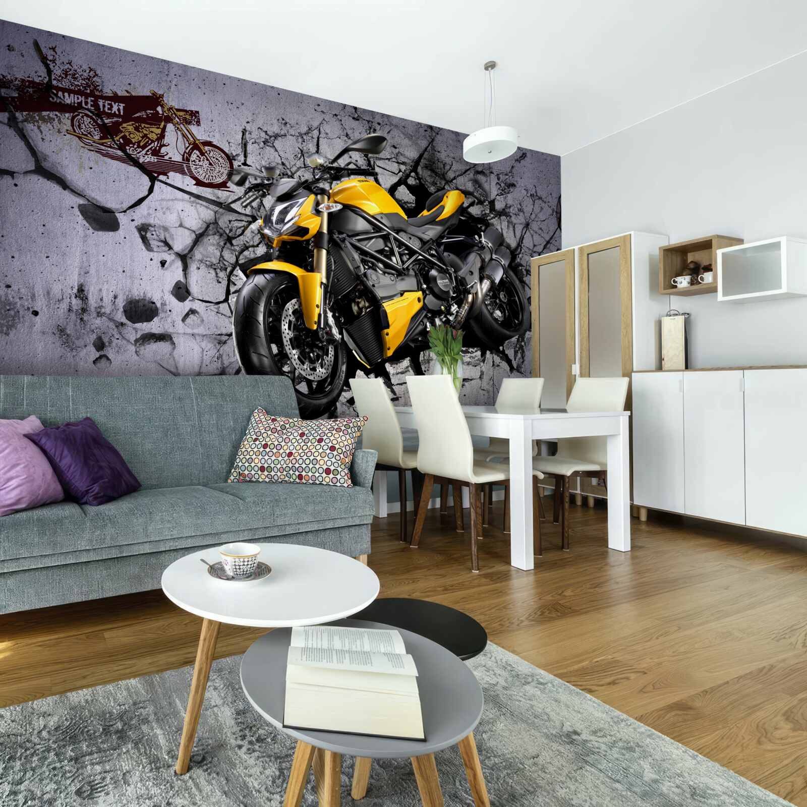 Fototapet Motocicletă galbenă pe un fundal de graffiti