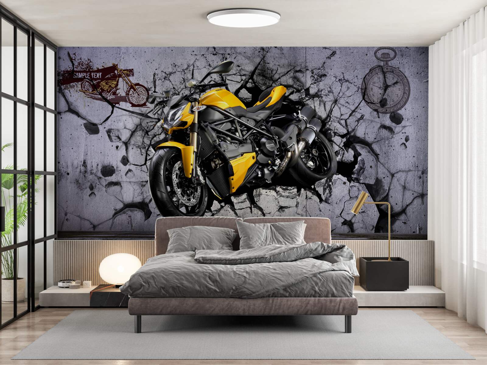 Fototapet Motocicletă galbenă pe un fundal de graffiti