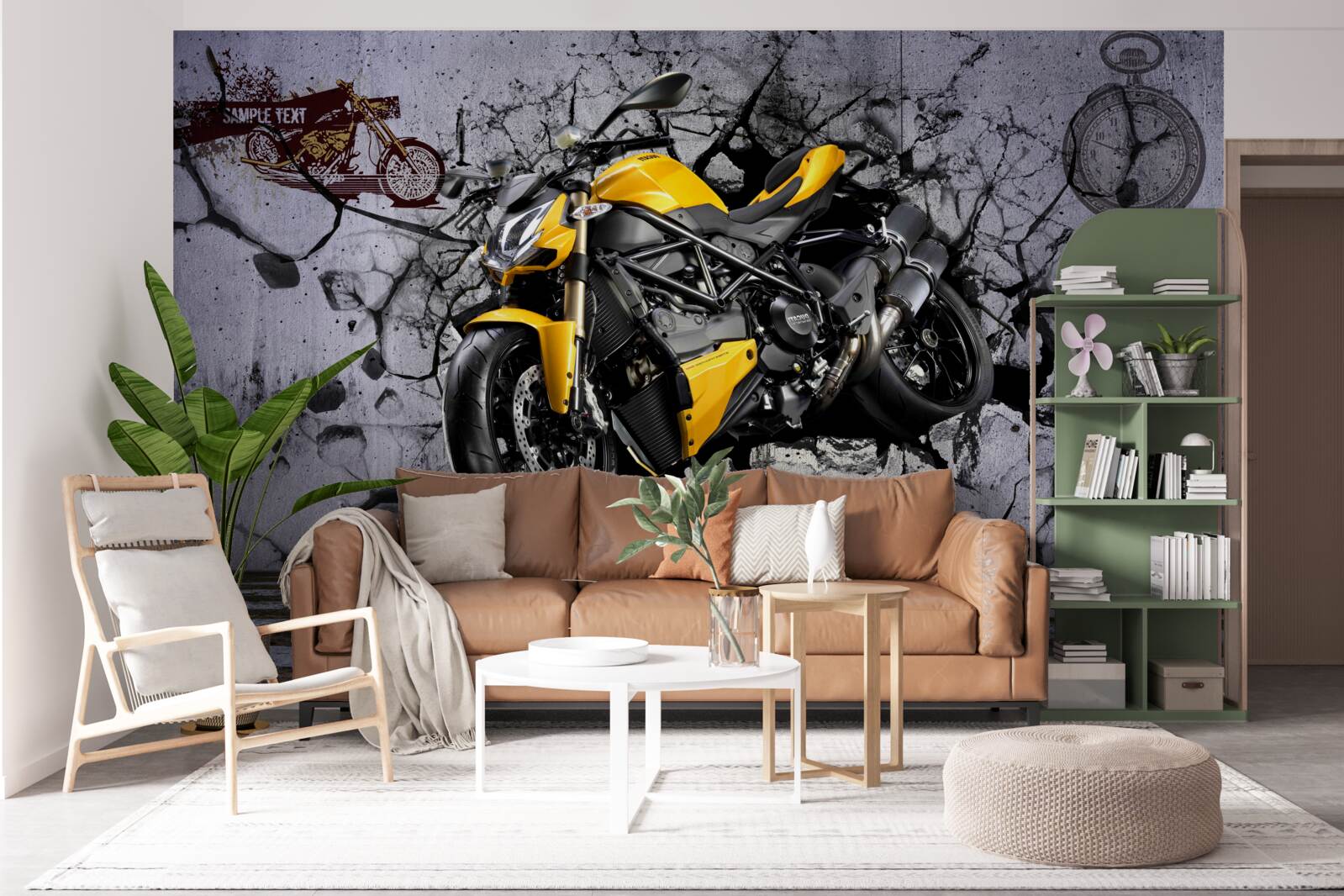 Fototapet Motocicletă galbenă pe un fundal de graffiti