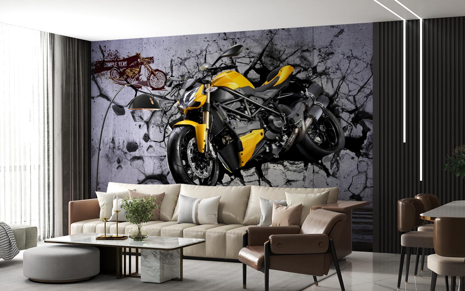 Fototapet Motocicletă galbenă pe un fundal de graffiti