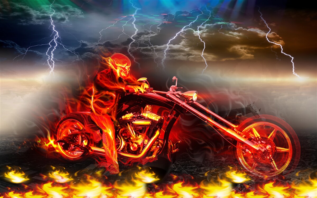 Fototapet biciclist în flăcări