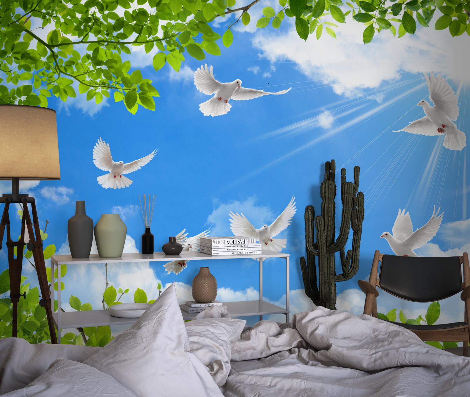 Fototapet porumbei cu rame verzi planează pe cerul albastru