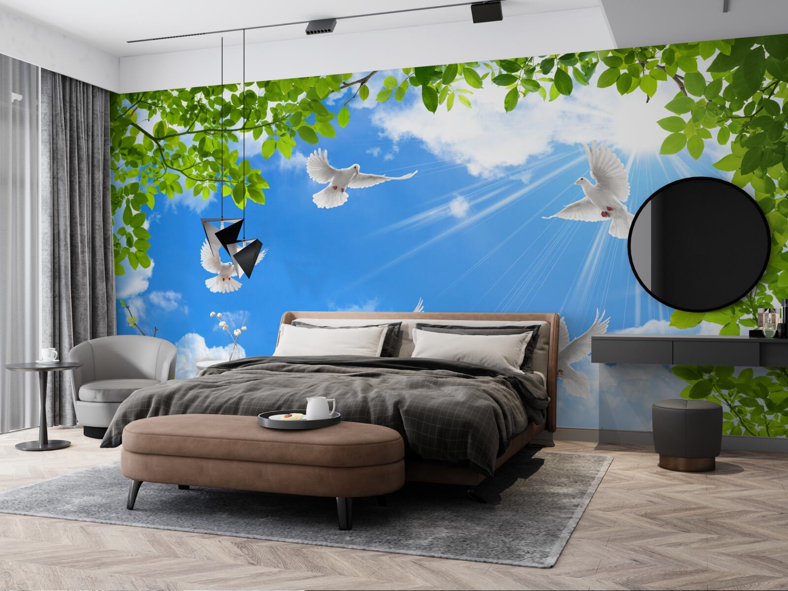 Fototapet porumbei cu rame verzi planează pe cerul albastru