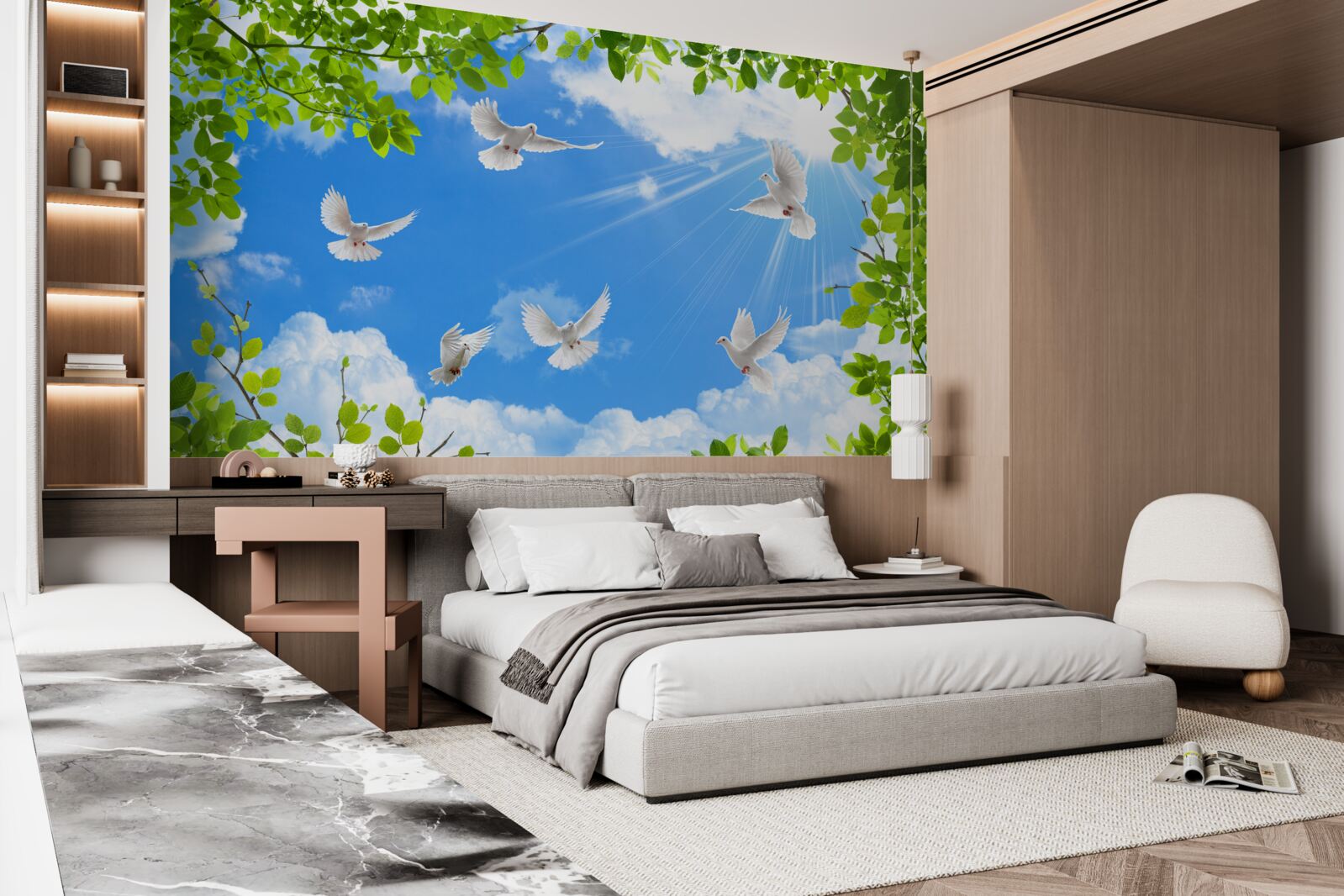 Fototapet porumbei cu rame verzi planează pe cerul albastru