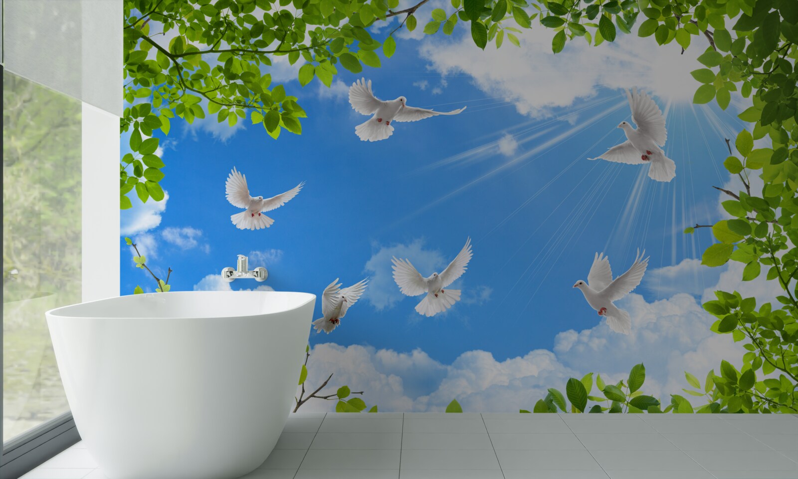 Fototapet porumbei cu rame verzi planează pe cerul albastru