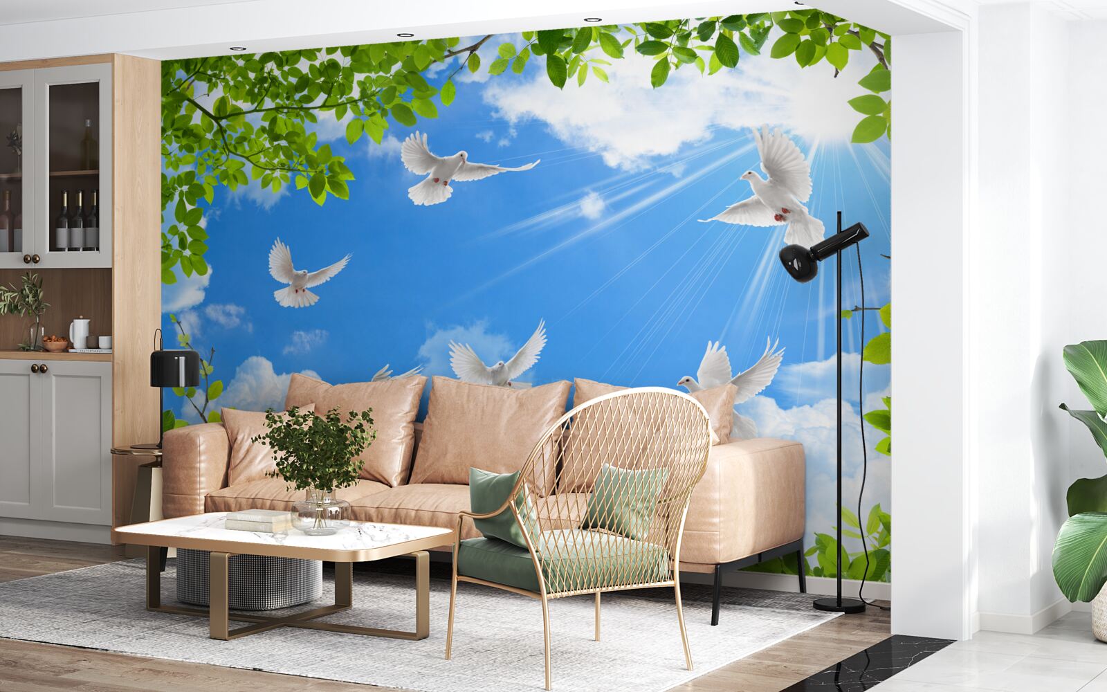 Fototapet porumbei cu rame verzi planează pe cerul albastru