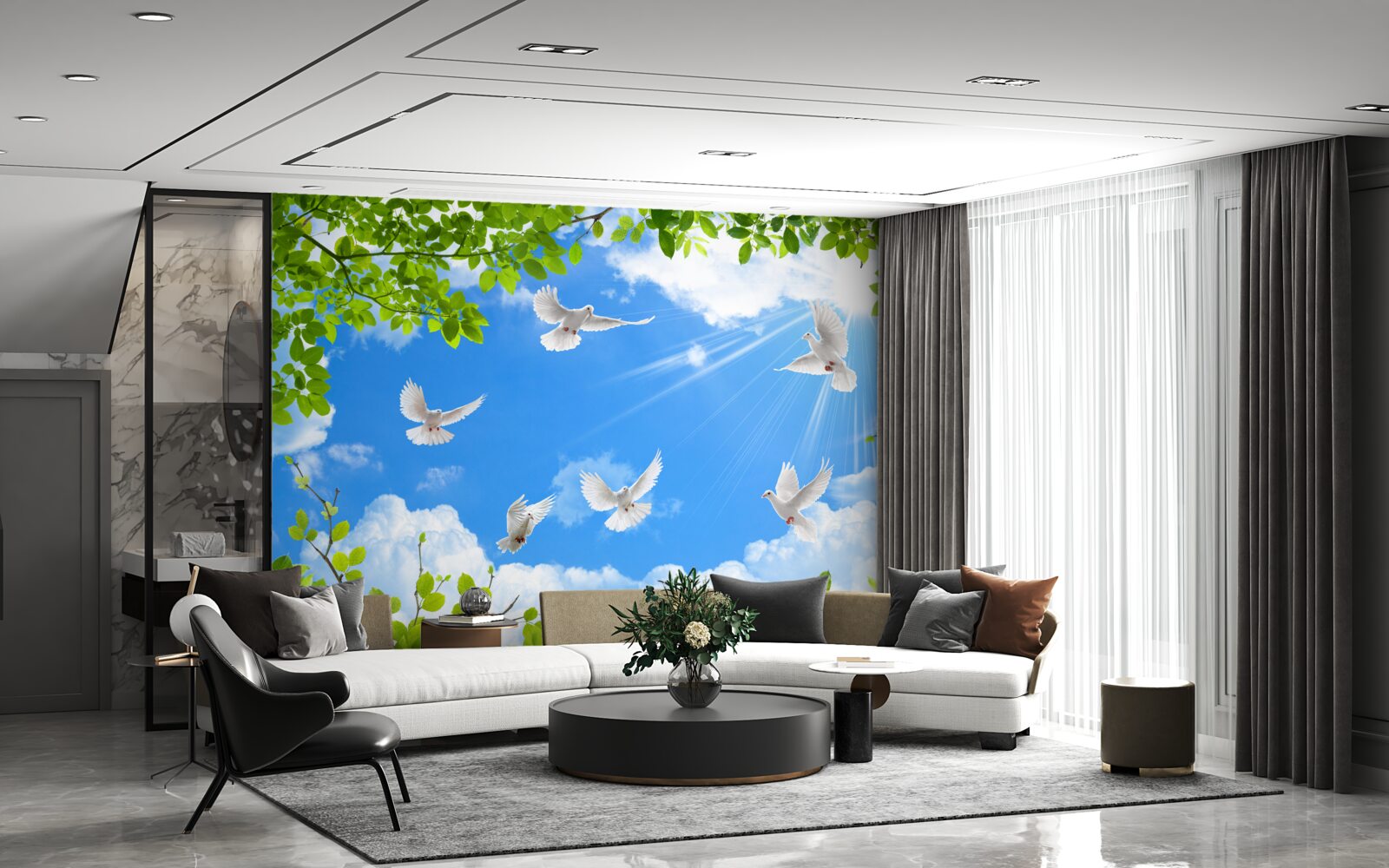 Fototapet porumbei cu rame verzi planează pe cerul albastru