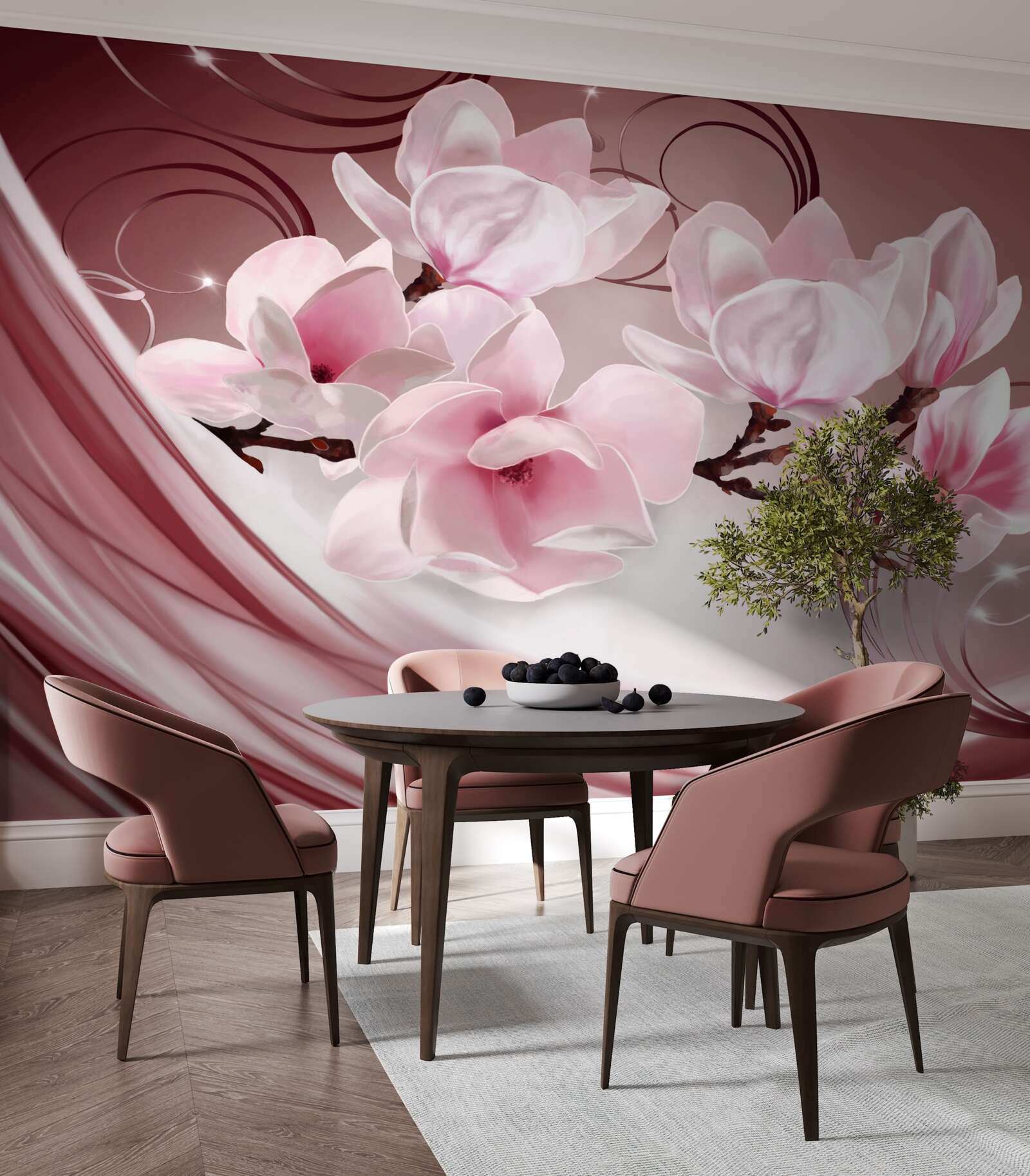 Fototapet flori mari roz pe un fundal roz