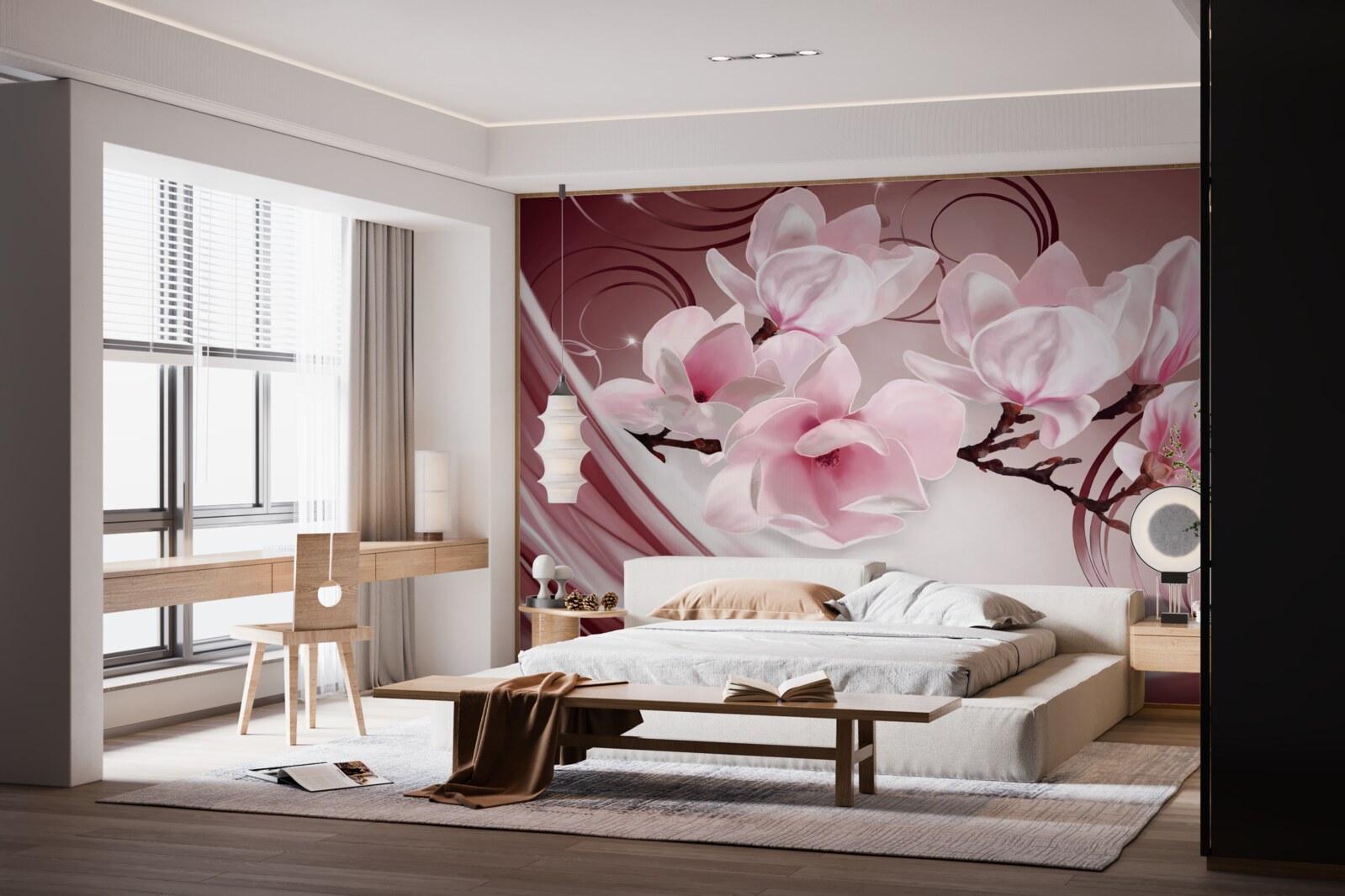 Fototapet flori mari roz pe un fundal roz