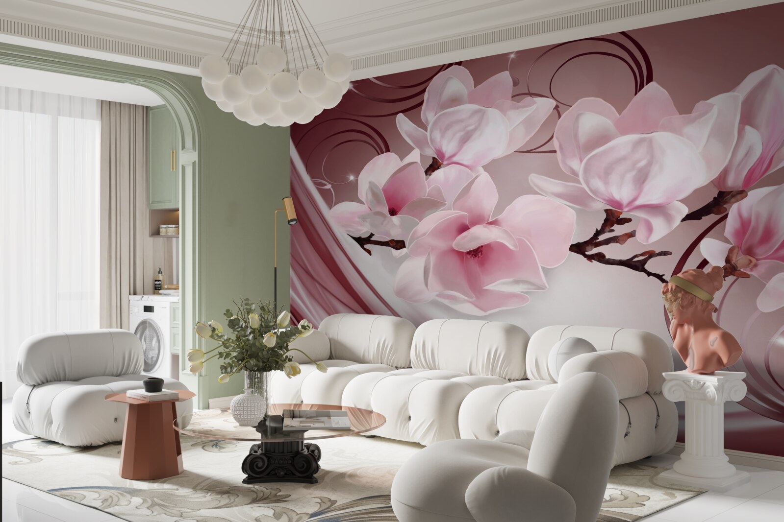 Fototapet flori mari roz pe un fundal roz