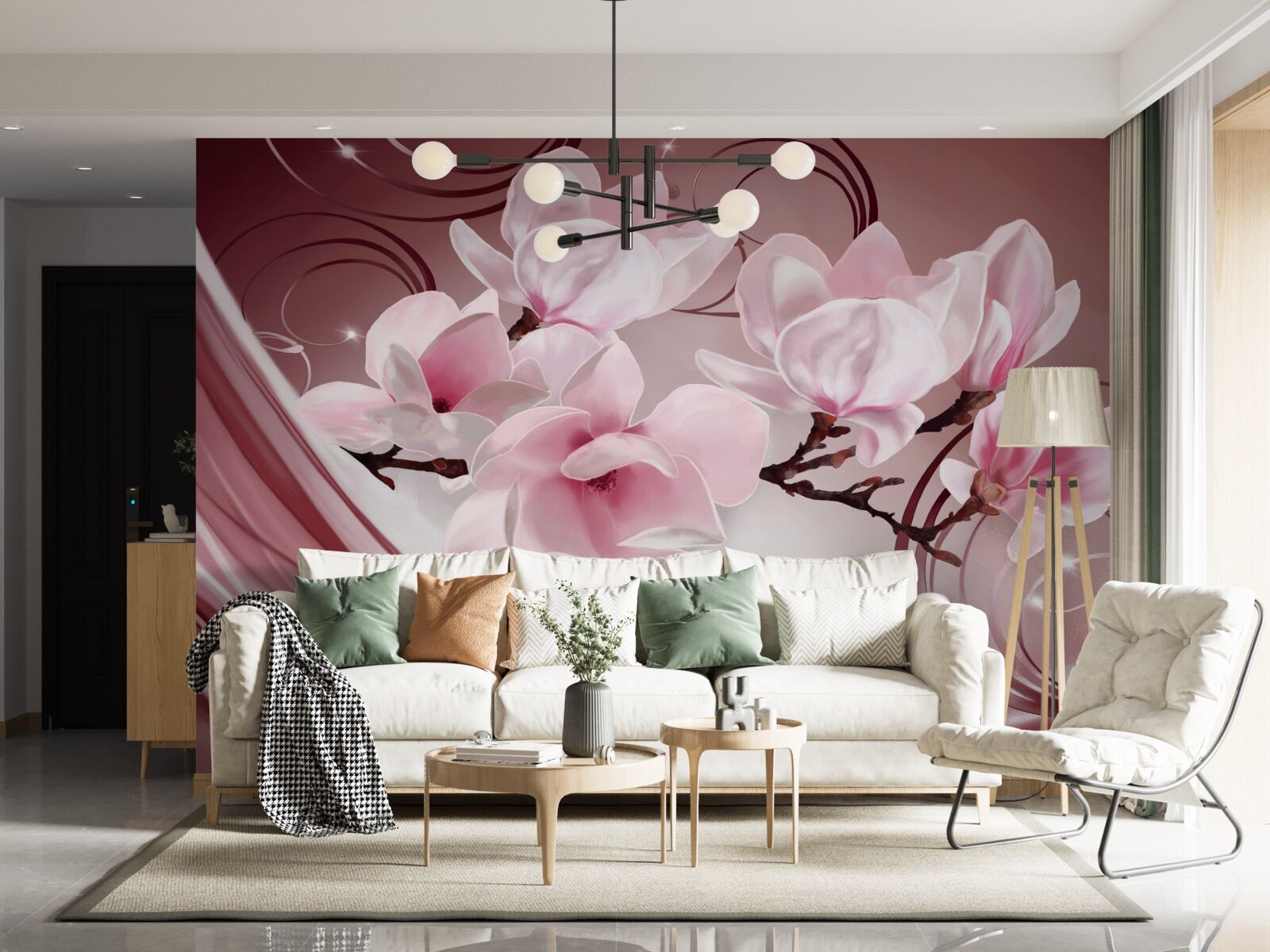 Fototapet flori mari roz pe un fundal roz