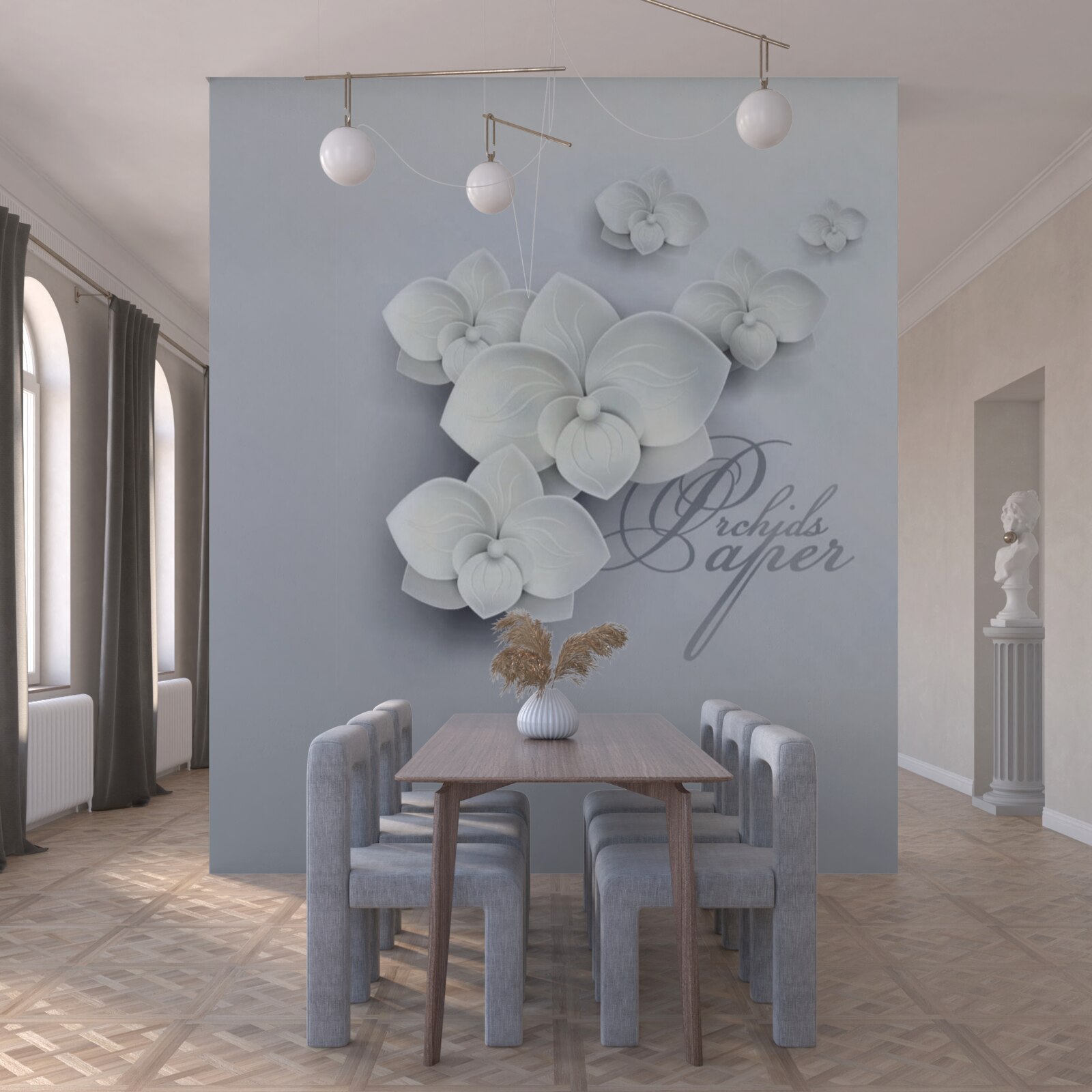 Fototapet fundal gri decorat cu orhidee albe