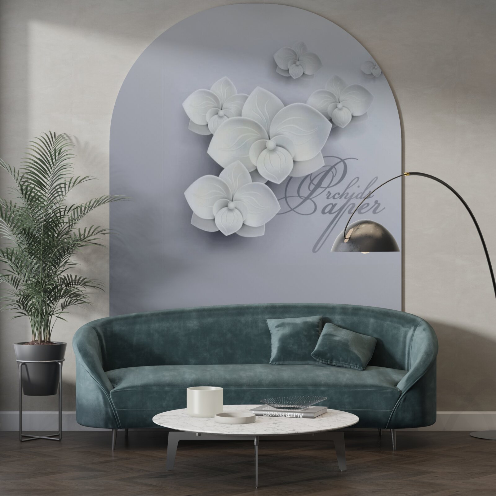 Fototapet fundal gri decorat cu orhidee albe