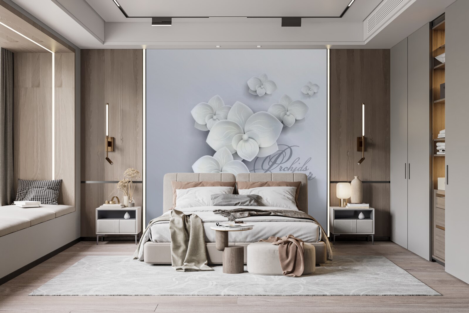 Fototapet fundal gri decorat cu orhidee albe