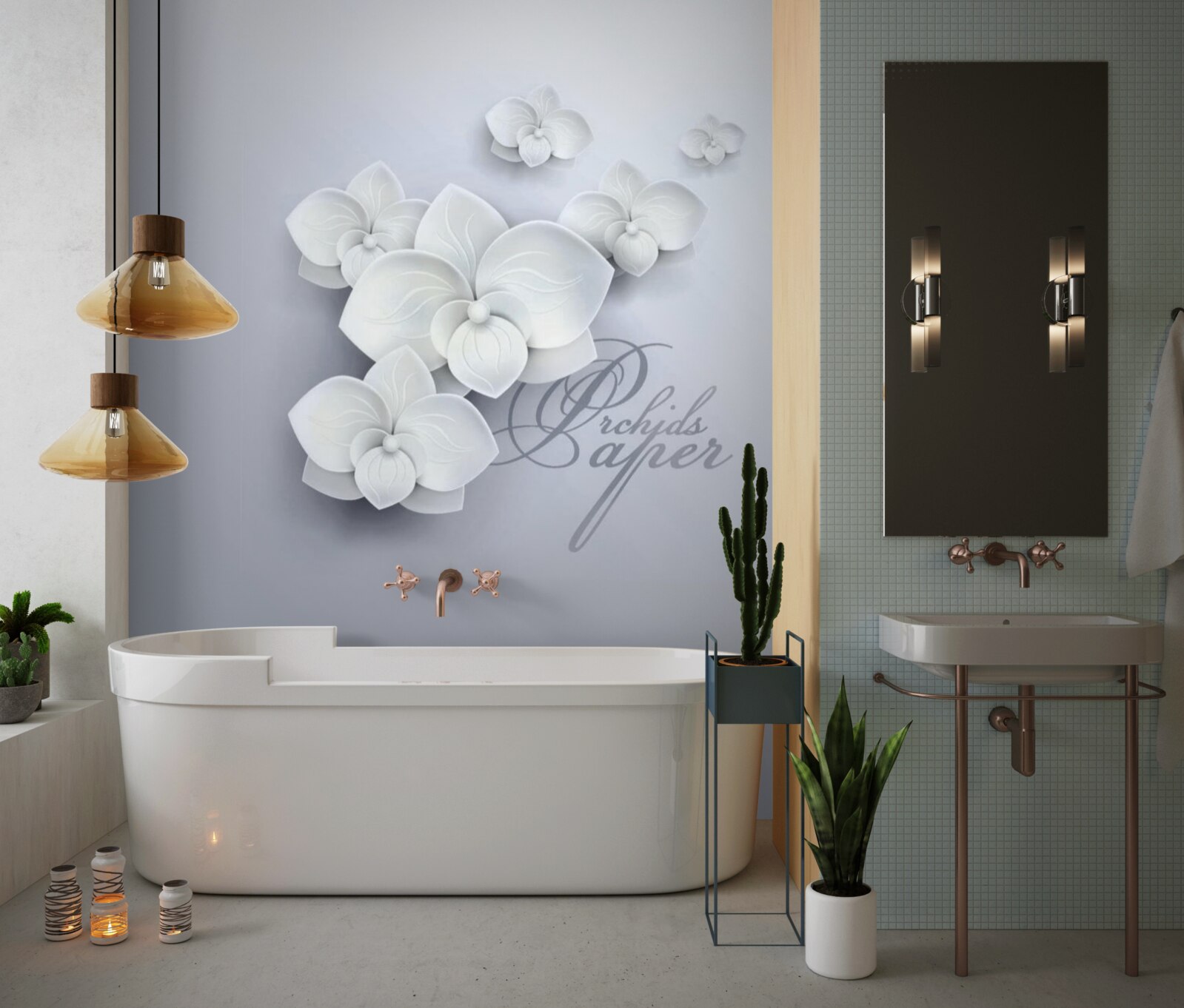 Fototapet fundal gri decorat cu orhidee albe