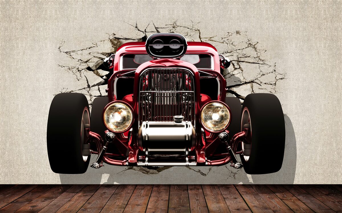 Fototapet o mașină roșie iese din zid