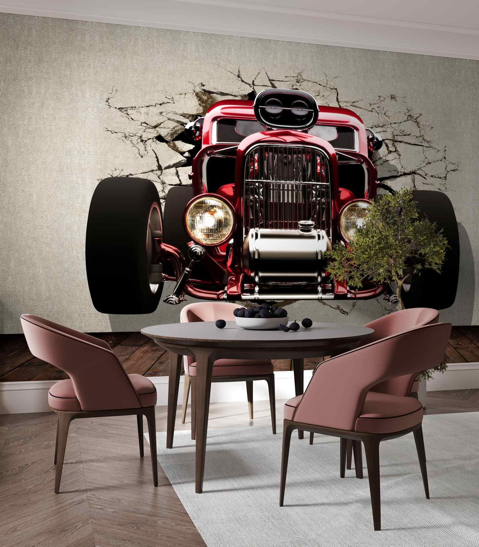 Fototapet o mașină roșie iese din zid