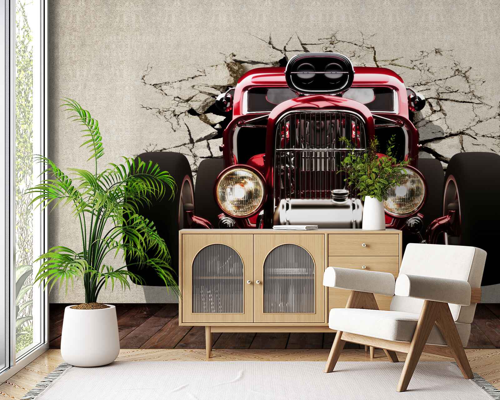 Fototapet o mașină roșie iese din zid