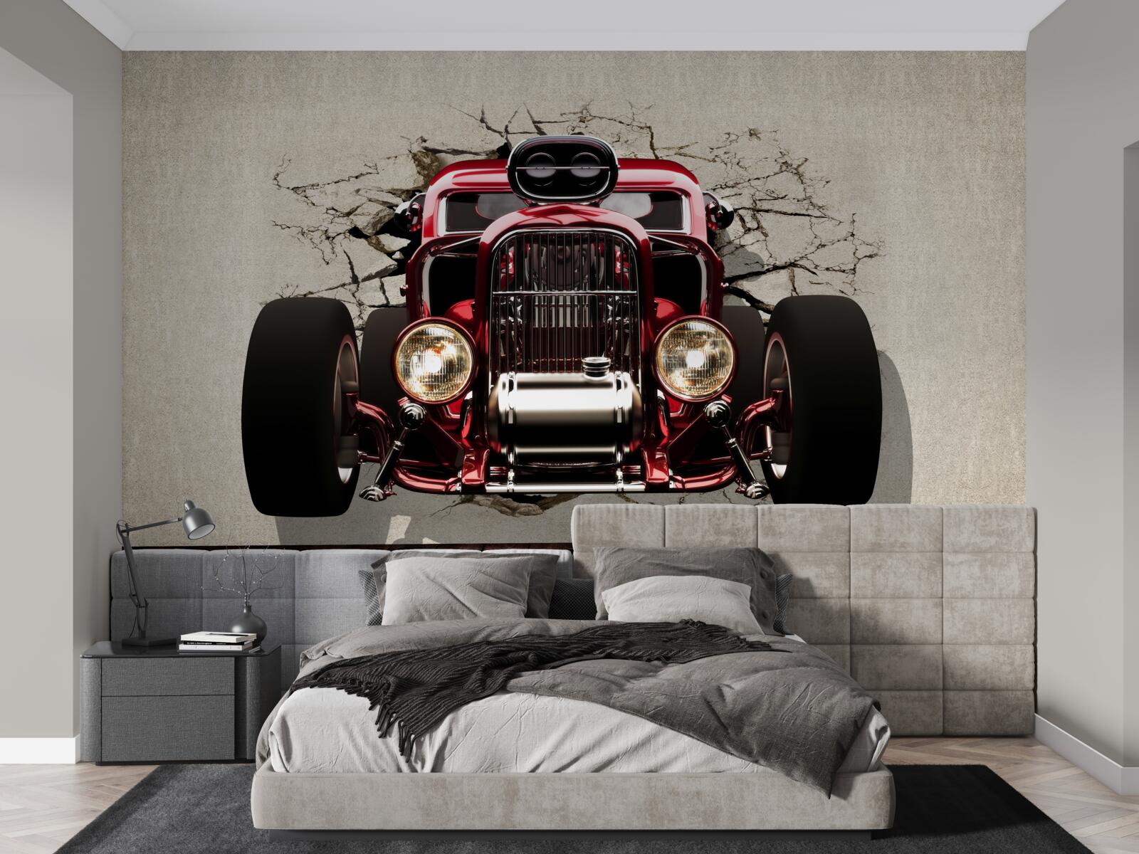 Fototapet o mașină roșie iese din zid