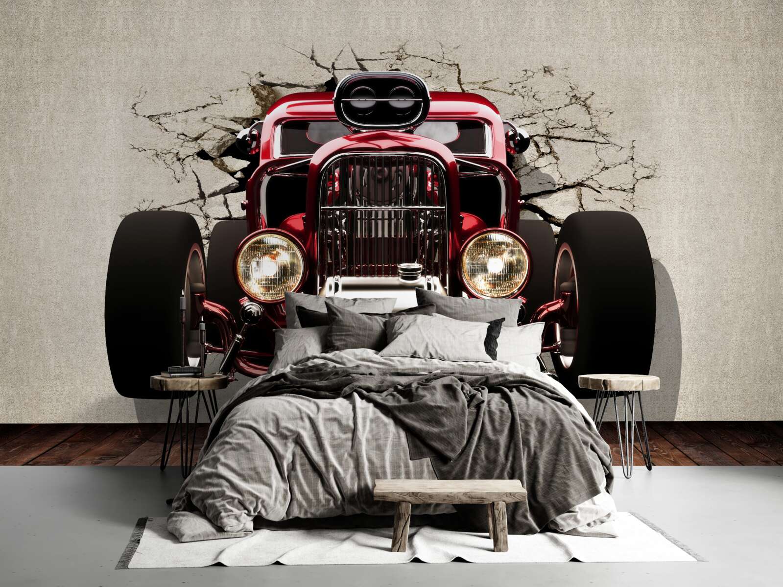Fototapet o mașină roșie iese din zid