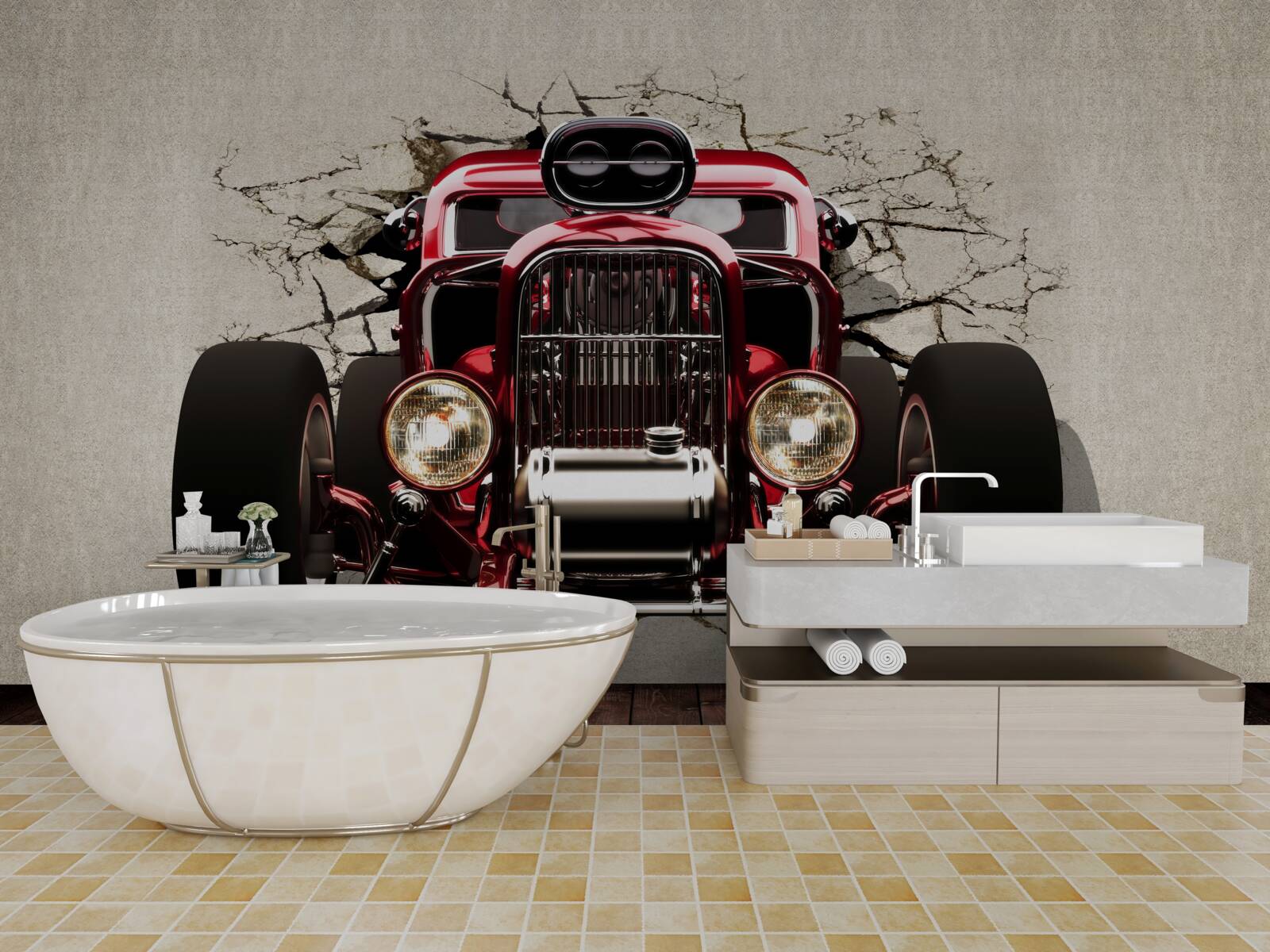 Fototapet o mașină roșie iese din zid