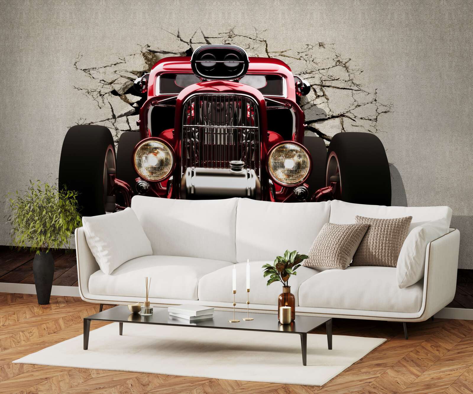 Fototapet o mașină roșie iese din zid