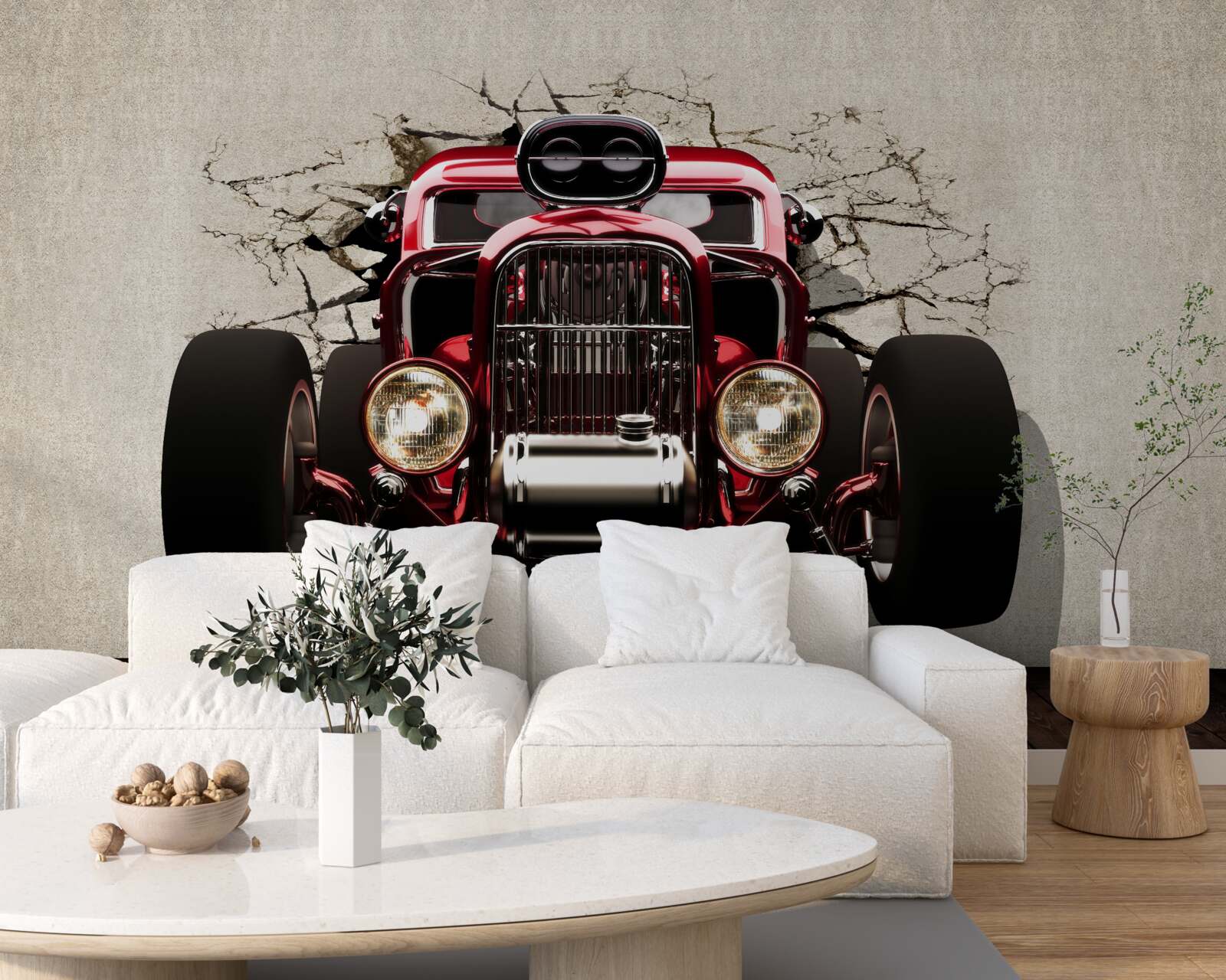 Fototapet o mașină roșie iese din zid