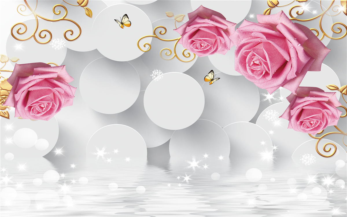 Fototapet cercuri albe cadru trandafiri roz