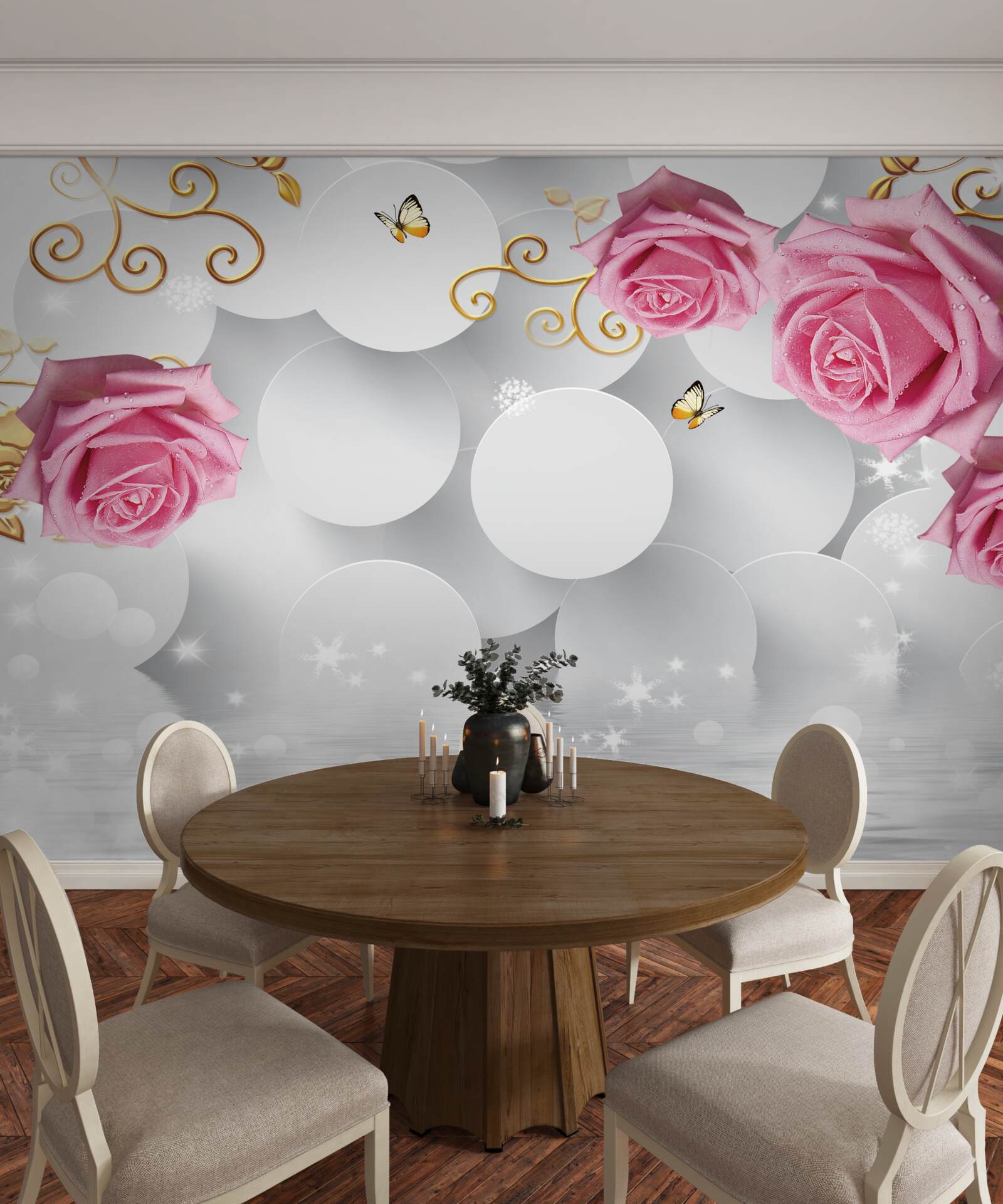 Fototapet cercuri albe cadru trandafiri roz