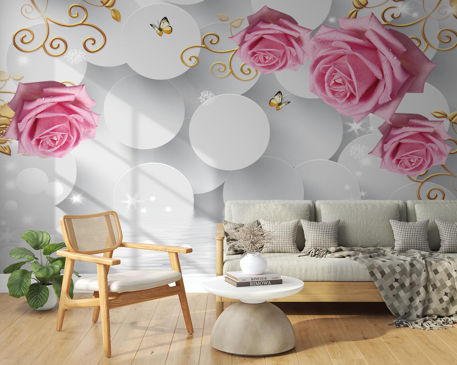 Fototapet cercuri albe cadru trandafiri roz