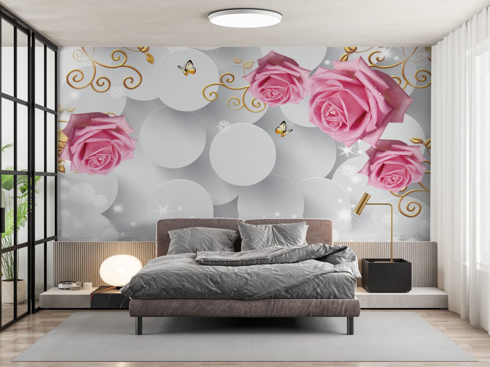 Fototapet cercuri albe cadru trandafiri roz