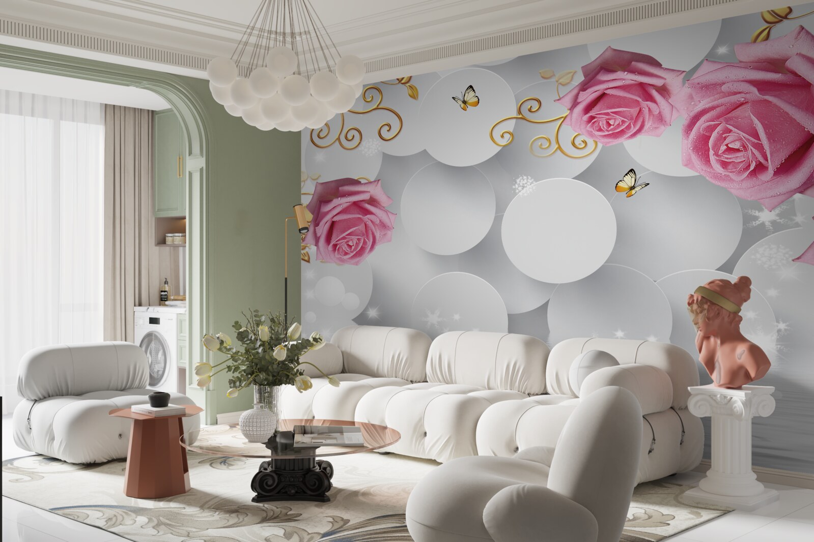 Fototapet cercuri albe cadru trandafiri roz