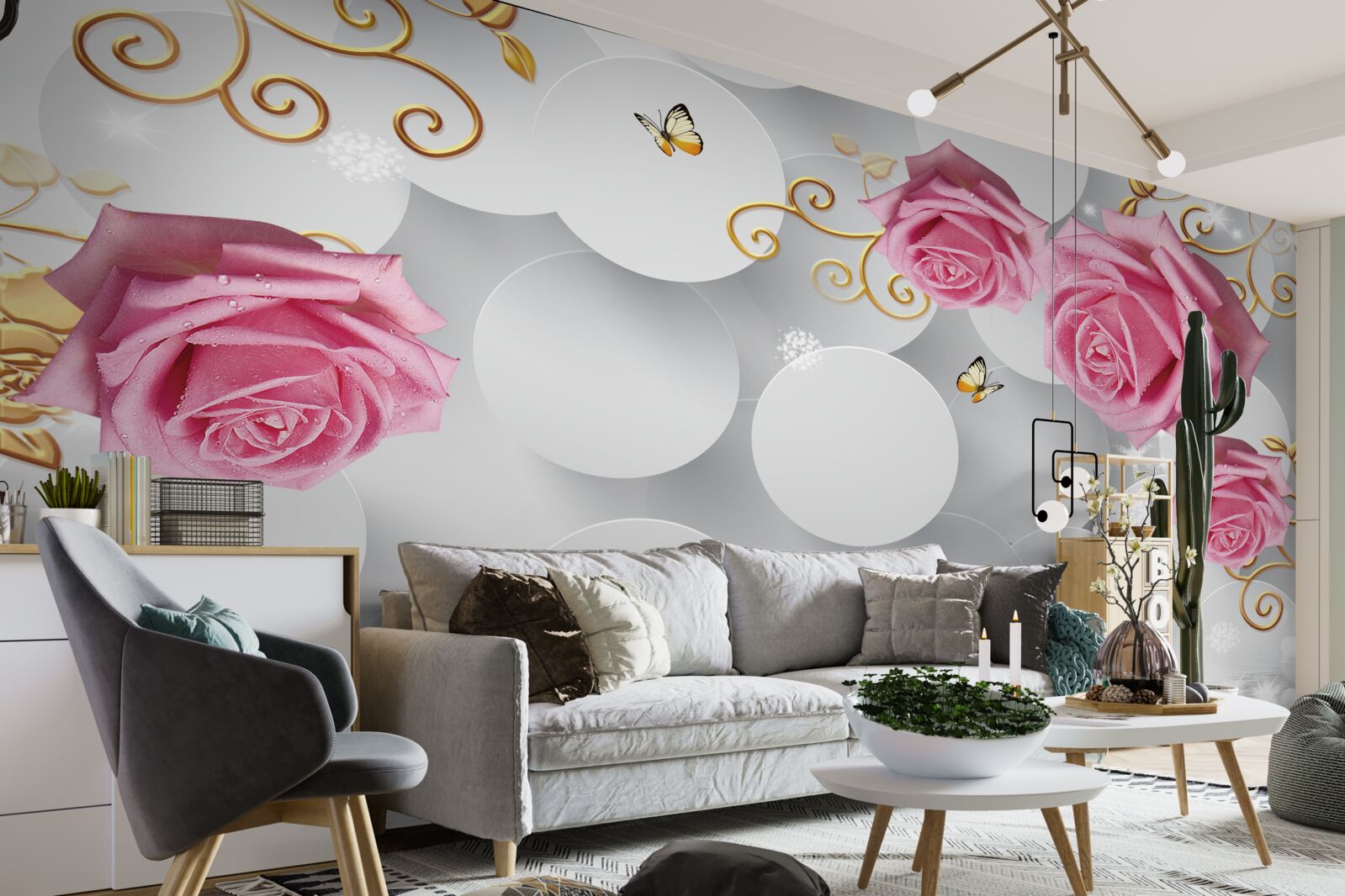 Fototapet cercuri albe cadru trandafiri roz