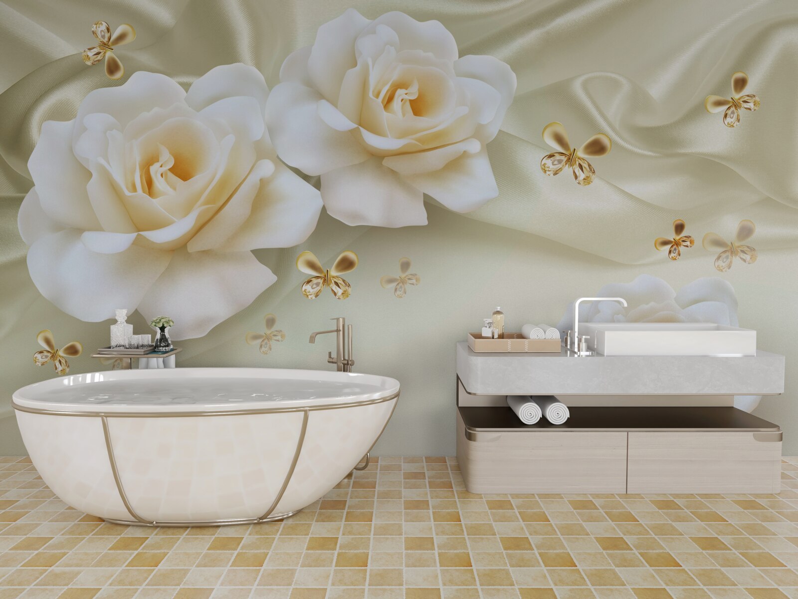 Fototapet trandafiri de culoare crem pe un fundal deschis