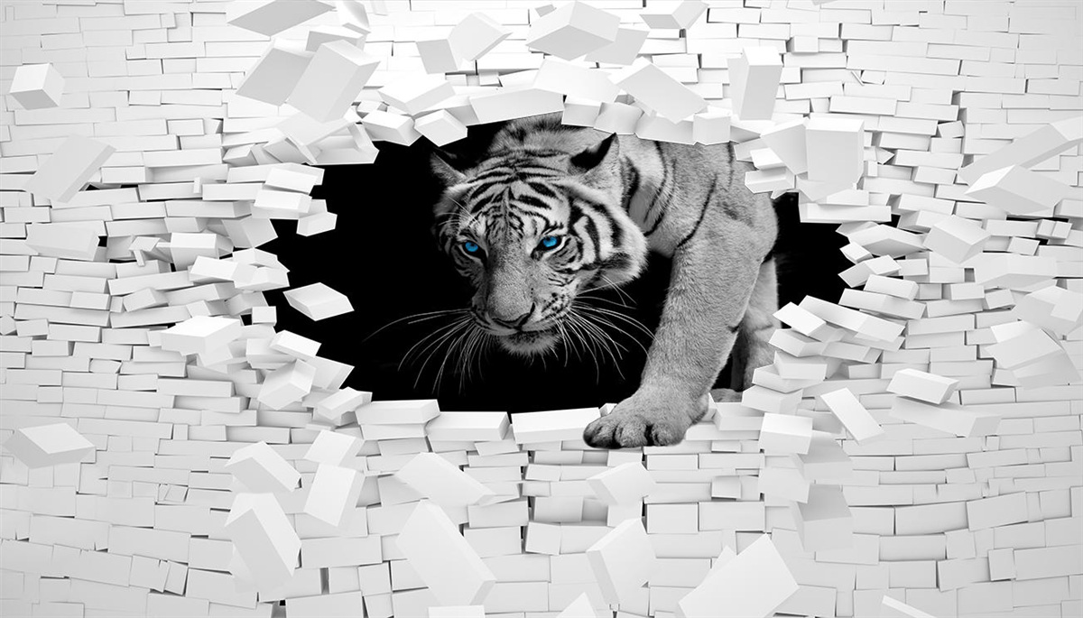 Fototapet tigrul distruge zidul de cărămidă